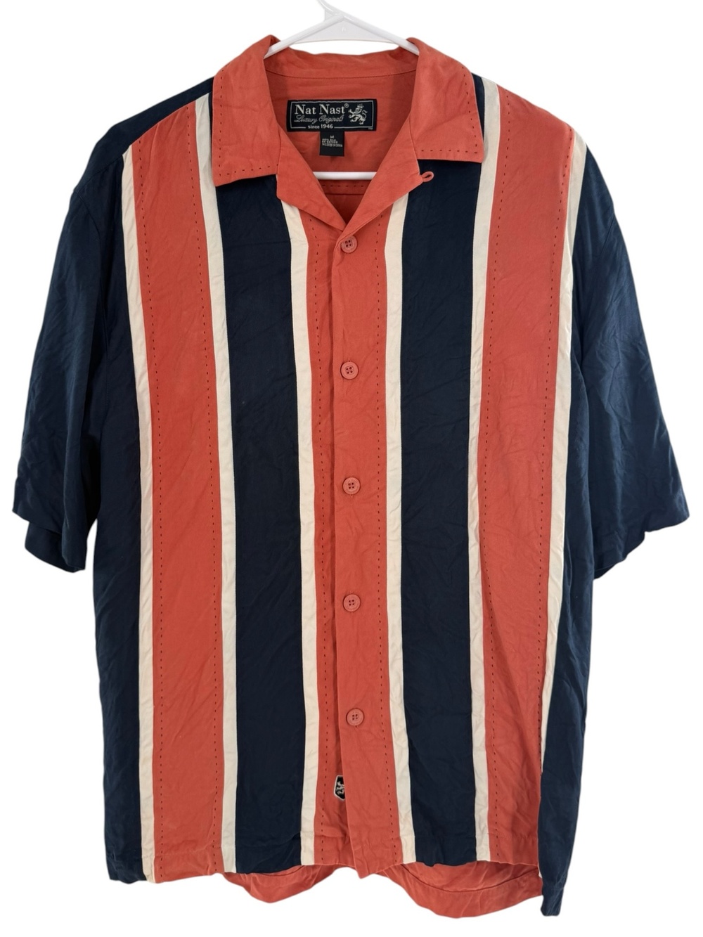 Nat Nast Shirt Retro Silk Mens Medium Terracotta Navy Stripe Button Up Soprano